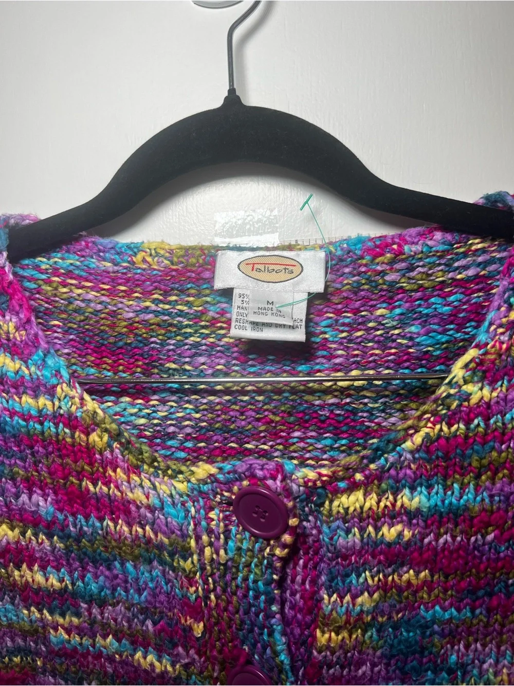 Vintage Talbots Multicolor Knit Cardigan in Purple, Green, Blue & Yellow Thick
